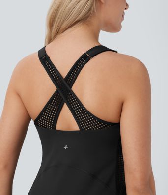 Vestido Softlyzero™ QuickDry deportivo yoga conjunto 2 piezas micro perforación bolsillo lateral tirante ajustable entrecruzado secado rápido