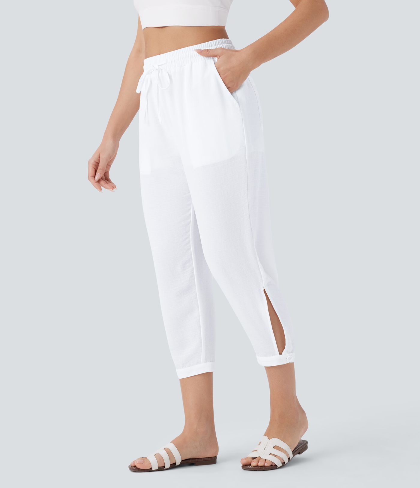 High Waisted Drawstring Multiple Pockets Split Capri Linen-Feel Resort Trousers