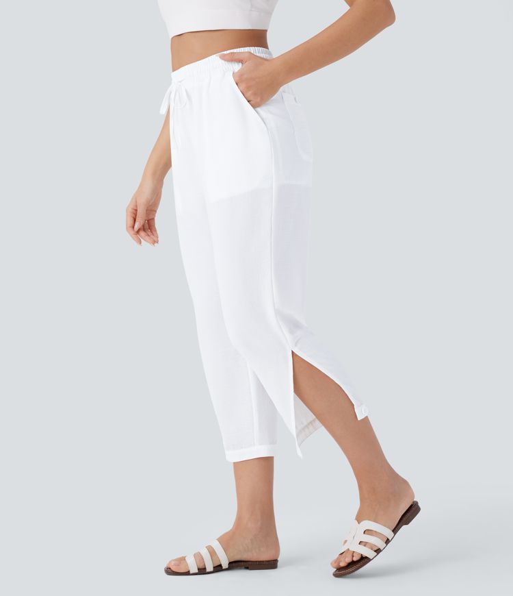 Pantalón capri lino tiro alto cordón ajustable bolsillo múltiple abertura