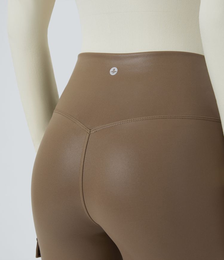 Faux Leather High Waisted Flap Pocket Ankle Length Quick Dry Casual Moto Leggings