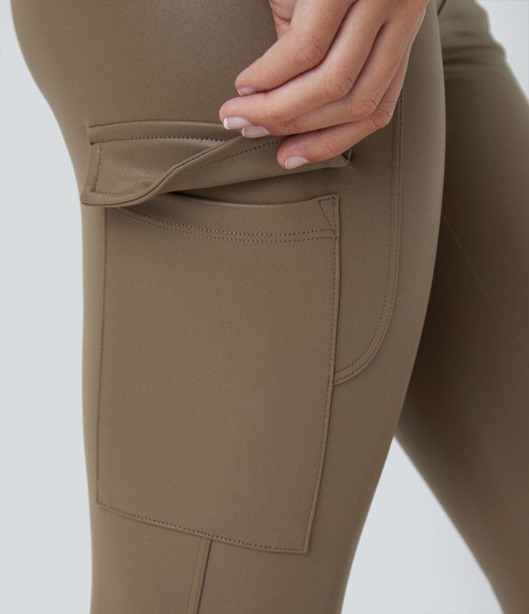 Faux Leather High Waisted Flap Pocket Ankle Length Quick Dry Casual Moto Leggings
