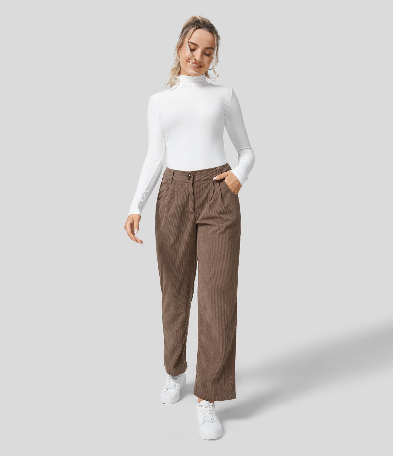 Mid Rise Zipper Pocket Corduroy Women Casual Pants