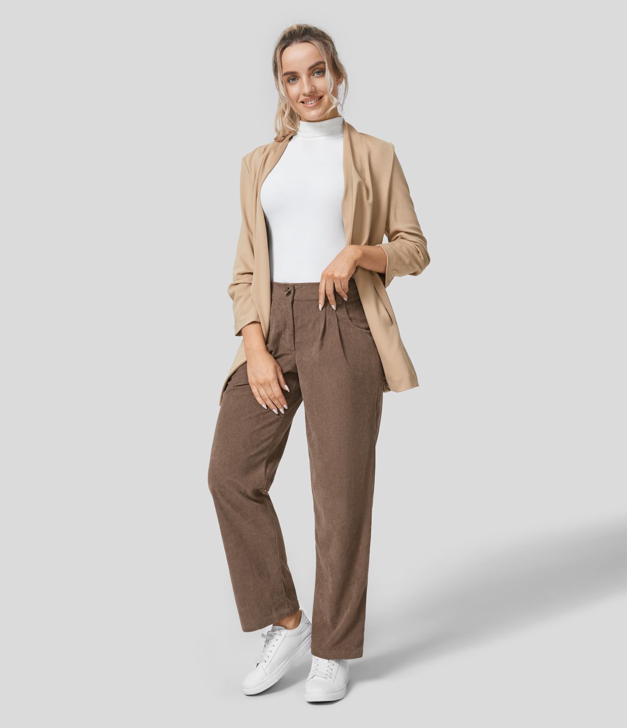 Mid Rise Zipper Pocket Corduroy Women Casual Pants