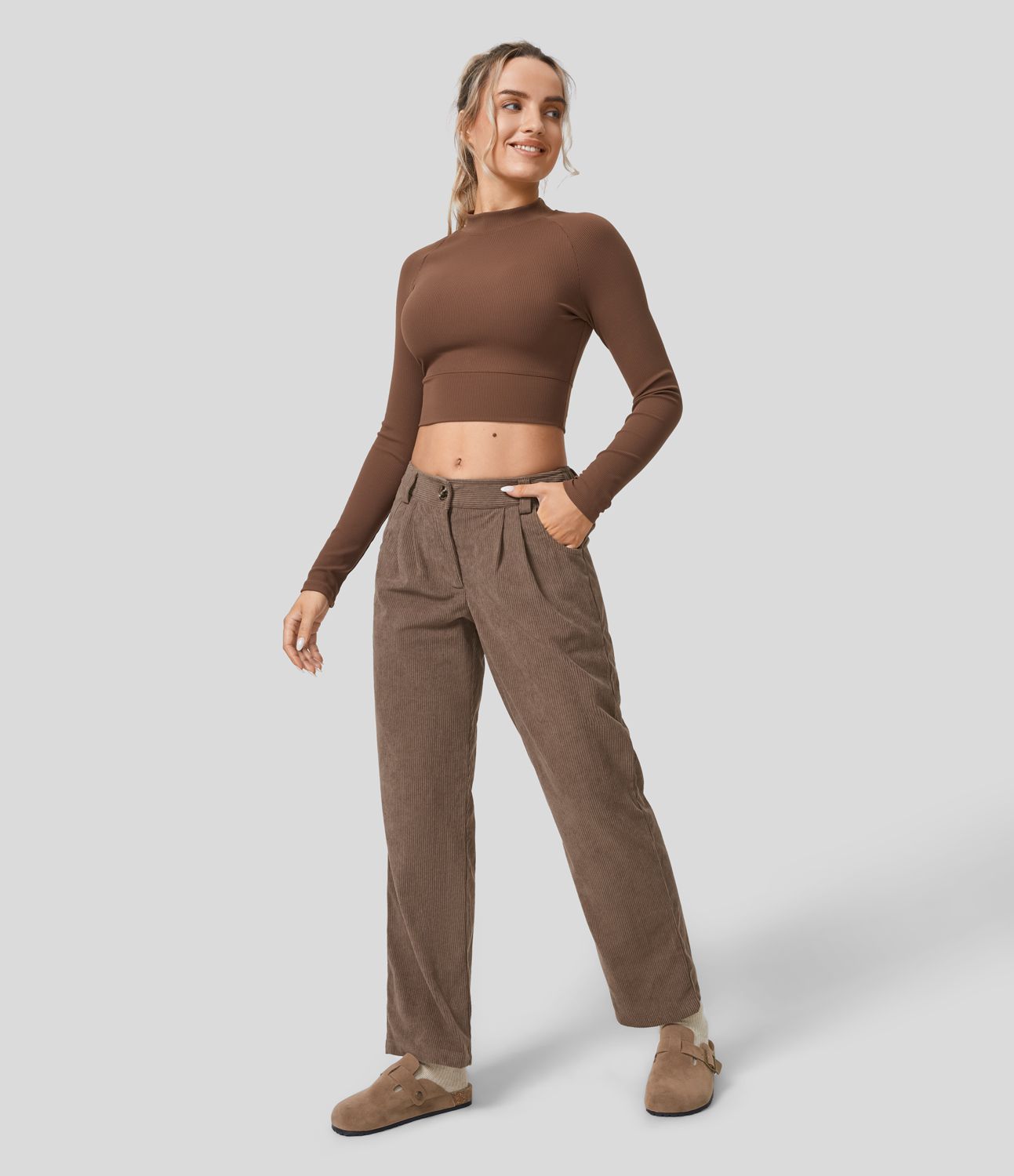 Mid Rise Zipper Pocket Corduroy Women Casual Pants