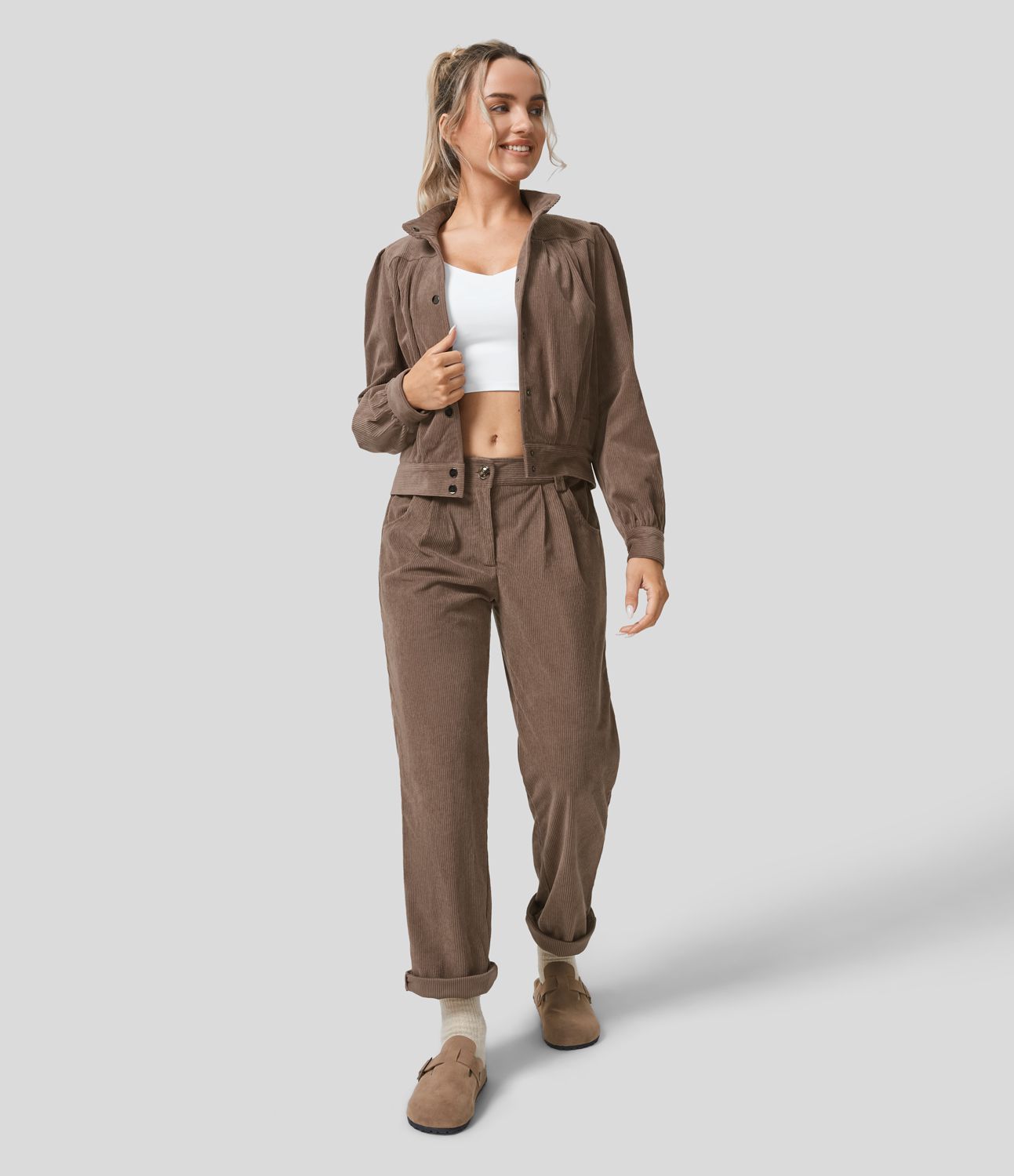 Mid Rise Zipper Pocket Corduroy Women Casual Pants