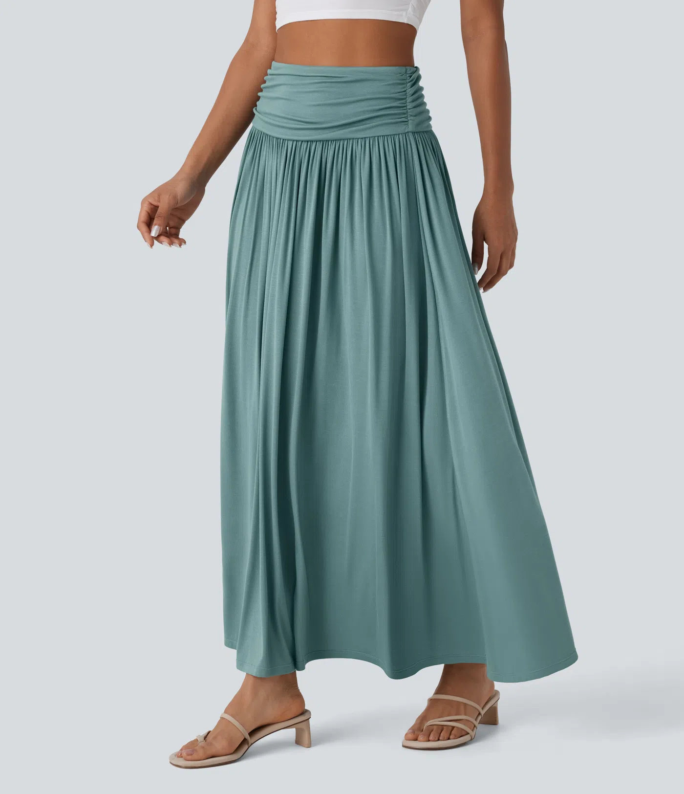 High Waisted Ruched Flowy Maxi Casual Skirt