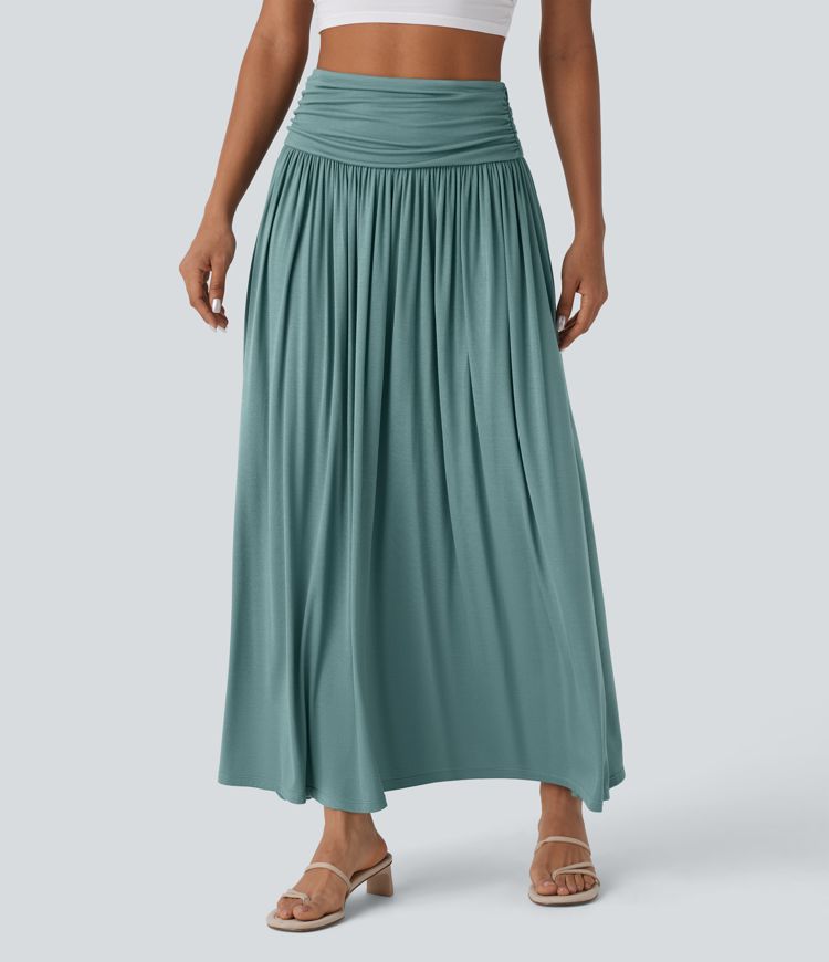 High Waisted Ruched Flowy Maxi Casual Skirt