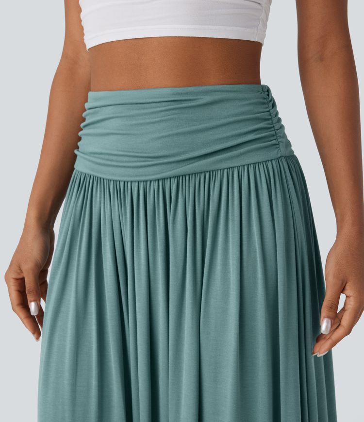 High Waisted Ruched Flowy Maxi Casual Skirt