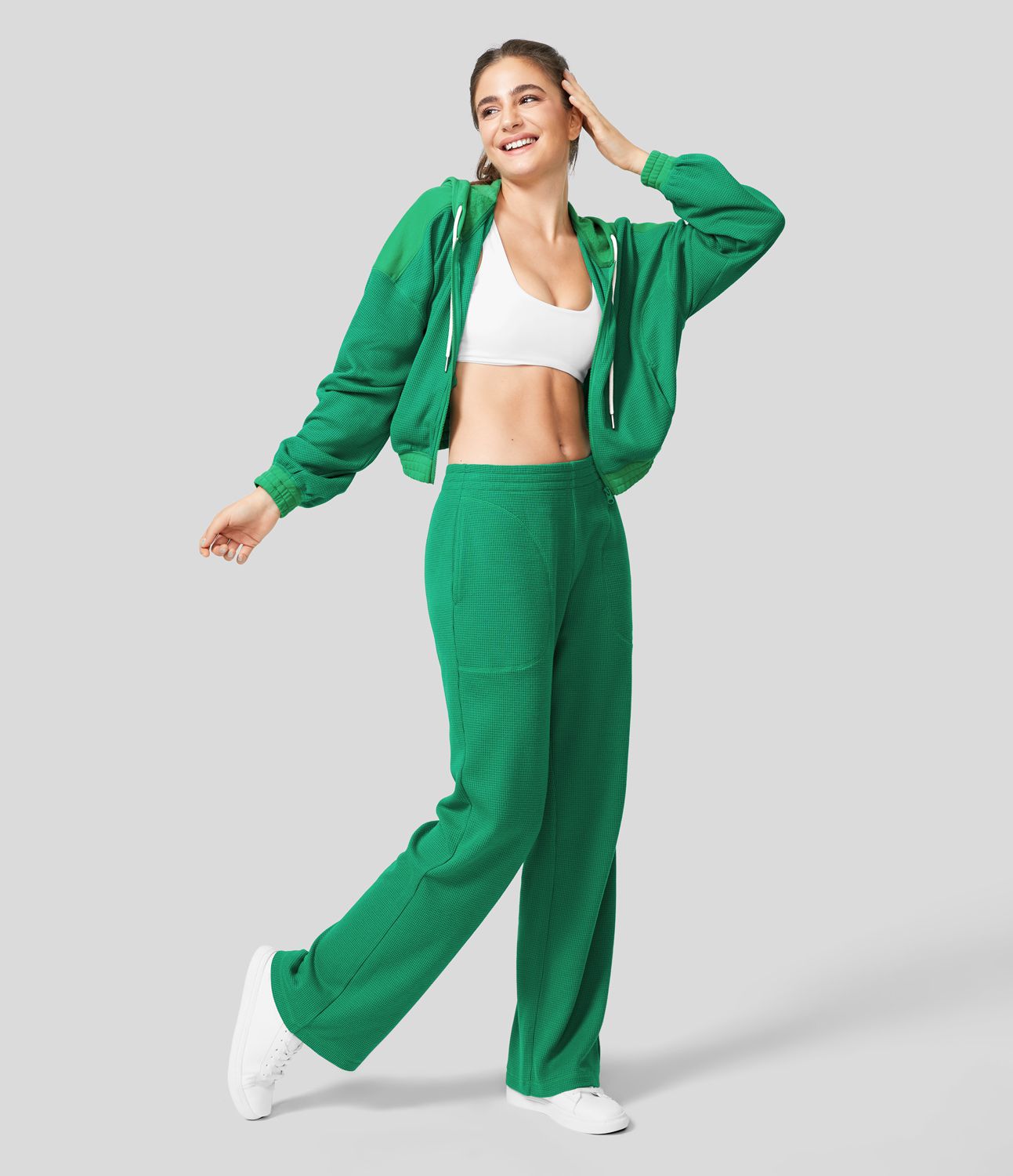 ミッドライズ サイドポケット ストレートレッグ ワッフル カジュアル コットン パンツ