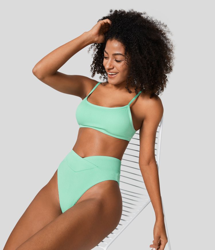 Ribbed Adjustable Strap Backless Bikini Top Swimsuit