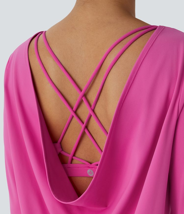 Haut de yoga et sport Softlyzero™ Airy col carré manches longues dos nu avec bretelles croisées et ourlet arrondi, toucher frais - Protection UPF50+