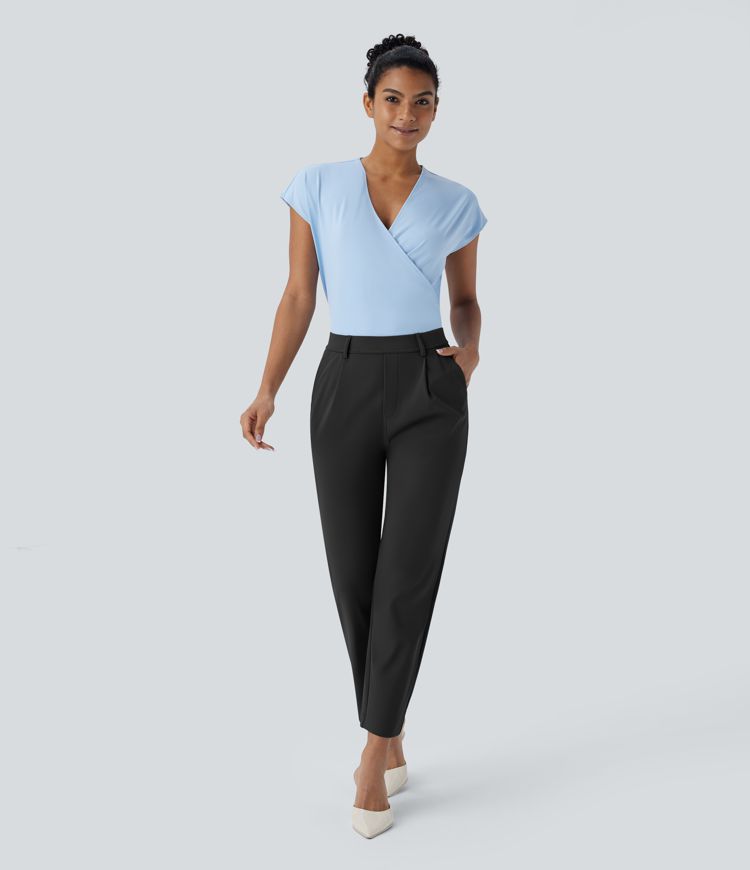 Pantalón  oficina tiro alto ajustado tobillo bolsillo lateral