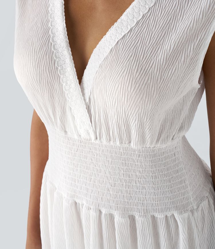 V-neck sleeveless applique shirring ruched tailoring flare maxi casual dress