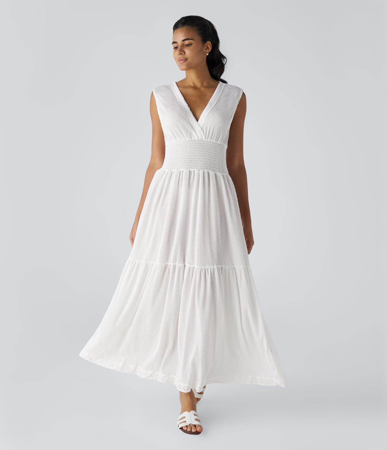 V-neck sleeveless applique shirring ruched tailoring flare maxi casual dress