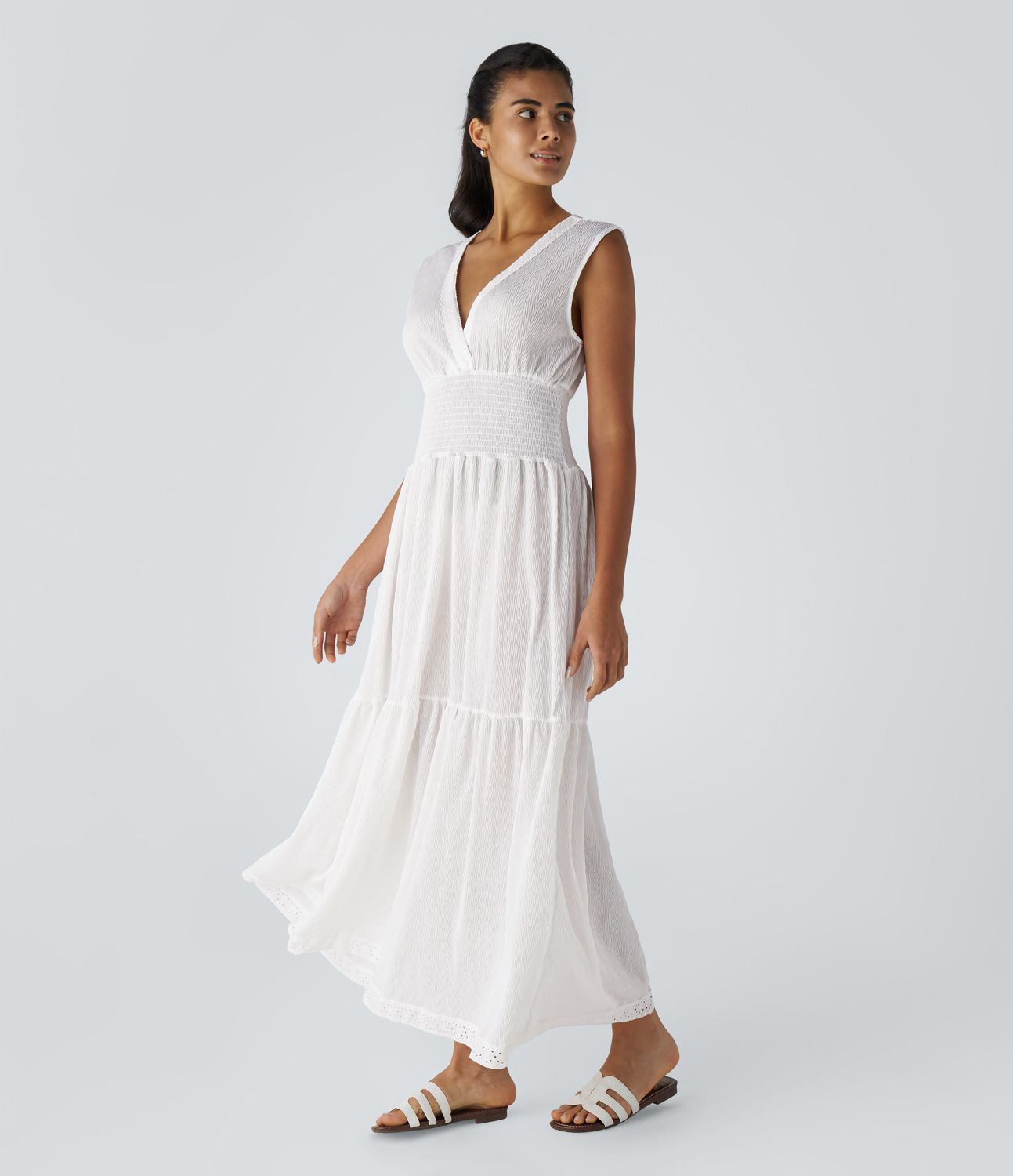 V-neck sleeveless applique shirring ruched tailoring flare maxi casual dress