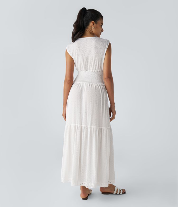 V-neck sleeveless applique shirring ruched tailoring flare maxi casual dress