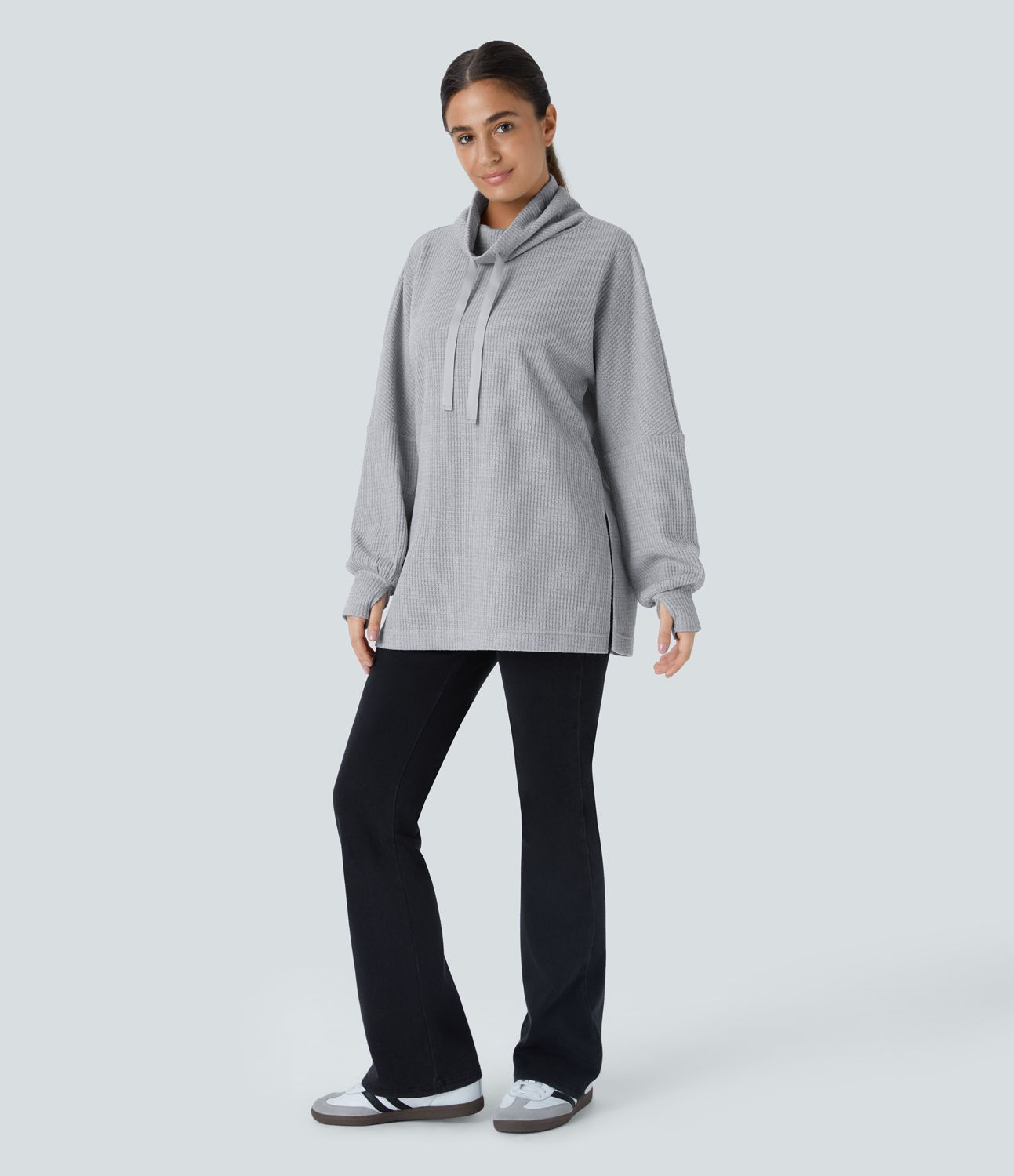 카울넥 드로우스트링 엄지손가락 구멍 스플릿 니트 와플 캐주얼 스웨트셔츠