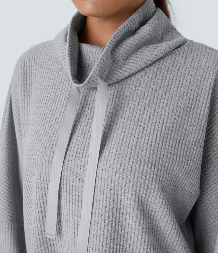 Cowl Neck Drawstring Thumb Hole Split Knit Waffle Casual Sweatshirt