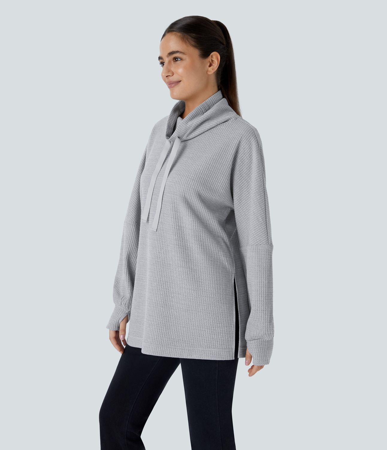 카울넥 드로우스트링 엄지손가락 구멍 스플릿 니트 와플 캐주얼 스웨트셔츠