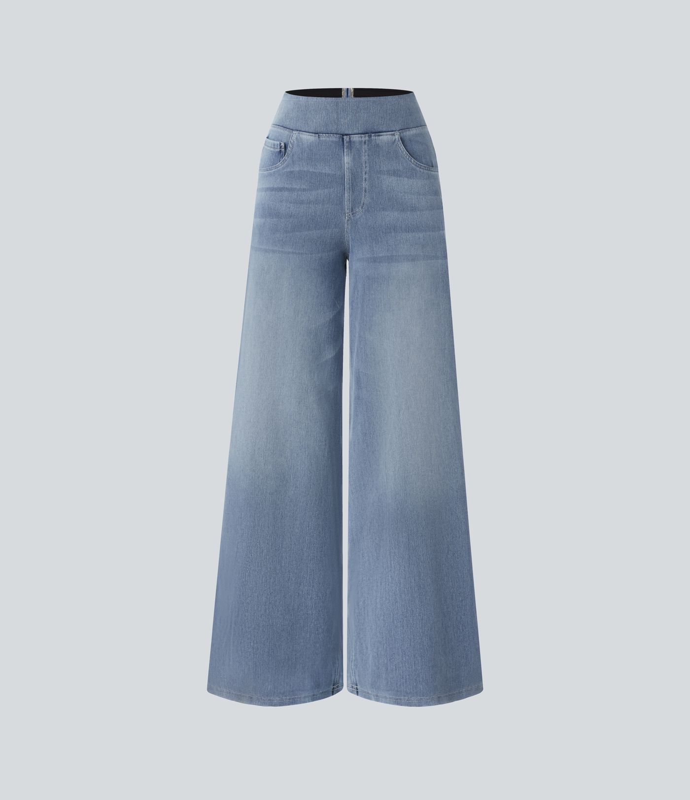 Halara Flex™ Baggy Jeans aus verwaschenem Stretch-Strick mit hohem Bund, mehreren Taschen und weitem Bein, Wide Leg Jeans