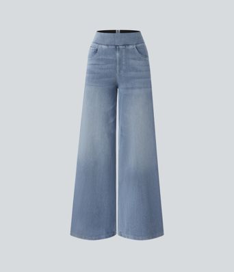 Halara Flex™ Baggy Jeans aus verwaschenem Stretch-Strick mit hohem Bund, mehreren Taschen und weitem Bein, Wide Leg Jeans