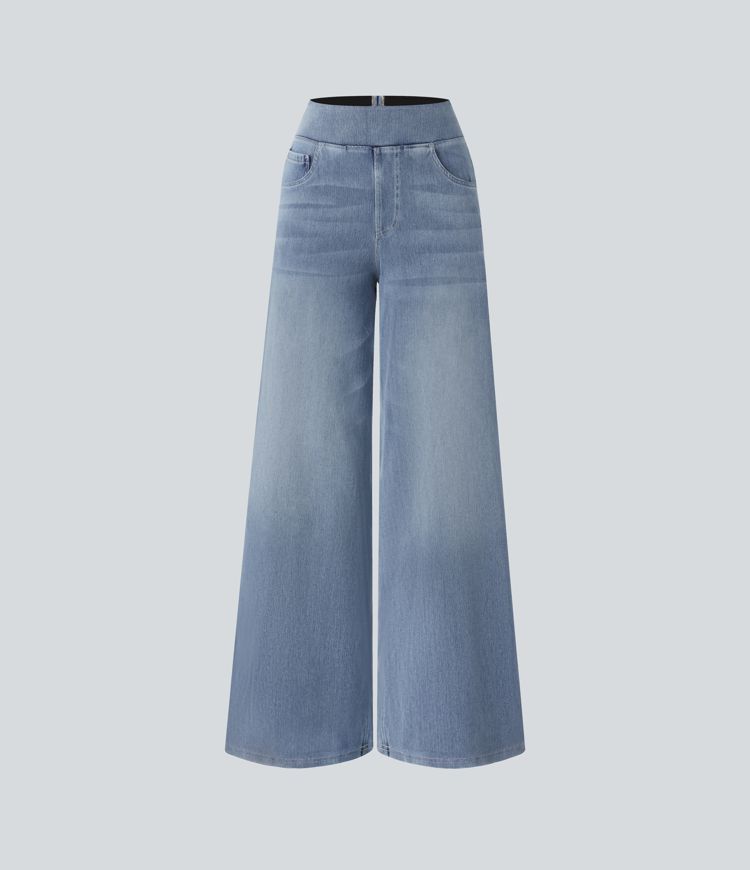 Halara Flex™ Baggy Jeans aus verwaschenem Stretch-Strick mit hohem Bund, mehreren Taschen und weitem Bein, Wide Leg Jeans