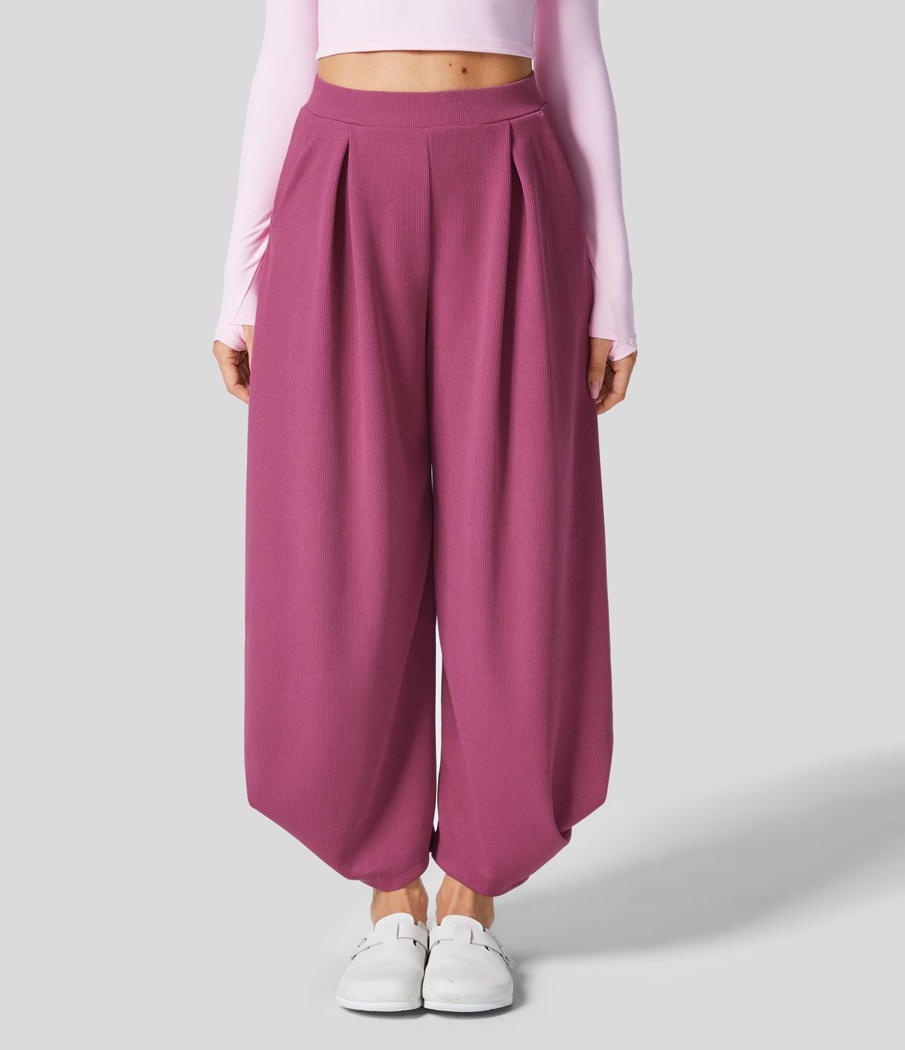 Ribbed High Waisted Pockets Solid Casual Harem Pants