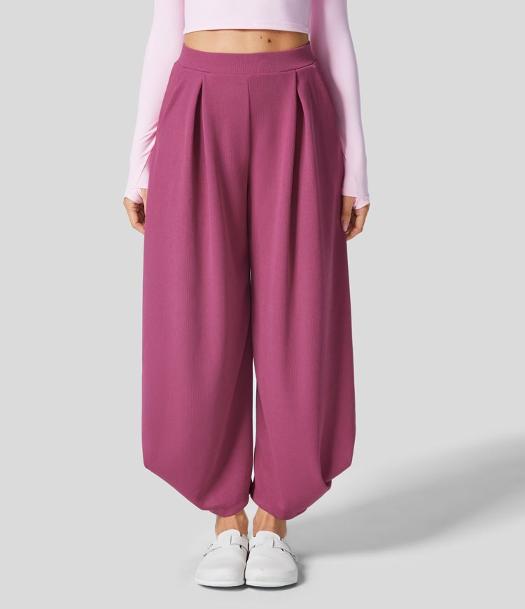 Pantalon Harem Causal à Taille Haute Côtelée avec Plis et Poches Multiples