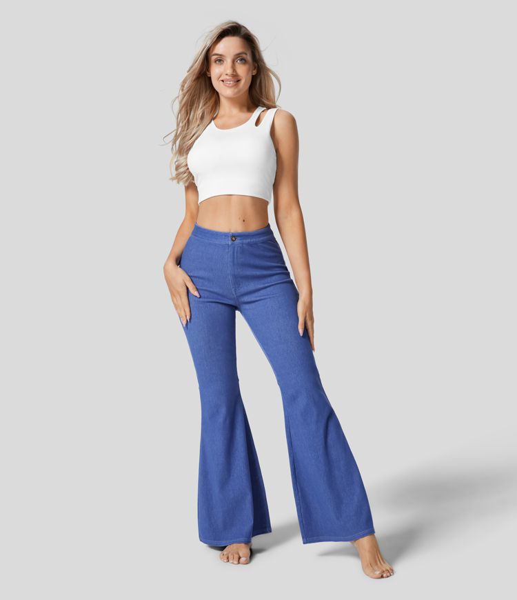 Jeans Halara Flex™ Denim súper acampanado elástico colorido lavado bolsillo trasero tiro alto