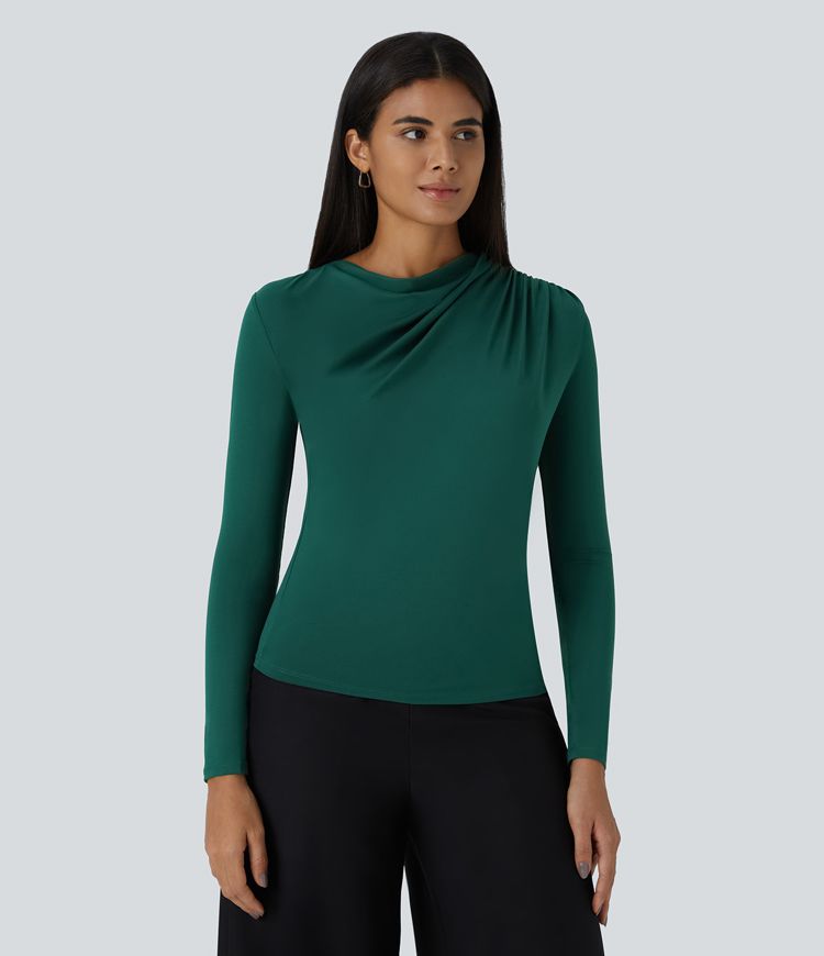 Cowl Neck Ruched Long Sleeve Slim Work Top