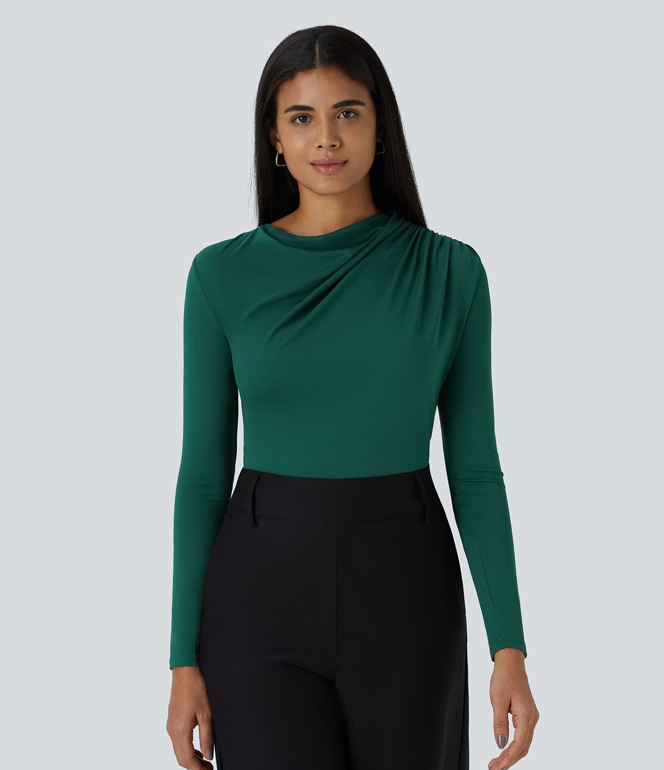 Cowl Neck Ruched Long Sleeve Slim Work Top