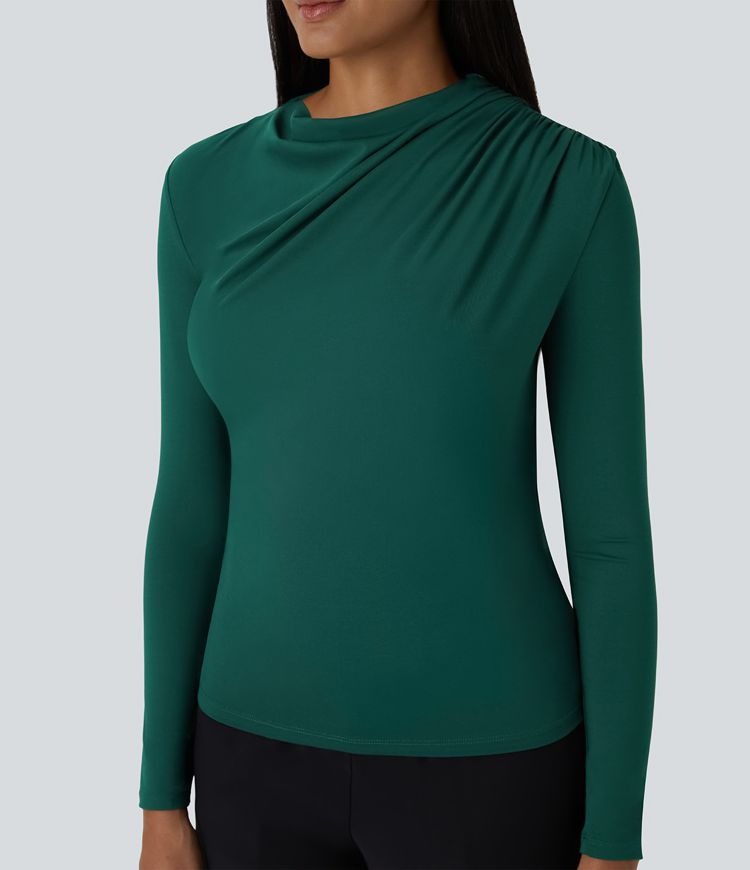 Cowl Neck Ruched Long Sleeve Slim Work Top