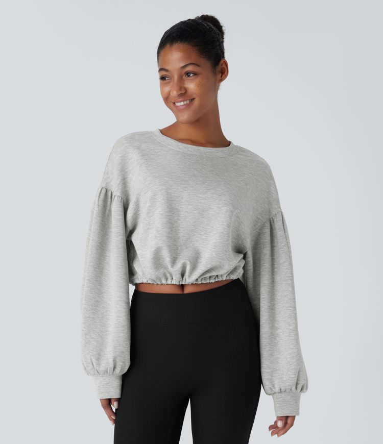 Backless Drawstring Tie Back Bishop Sleeve Cropped Casual Sweatshirt