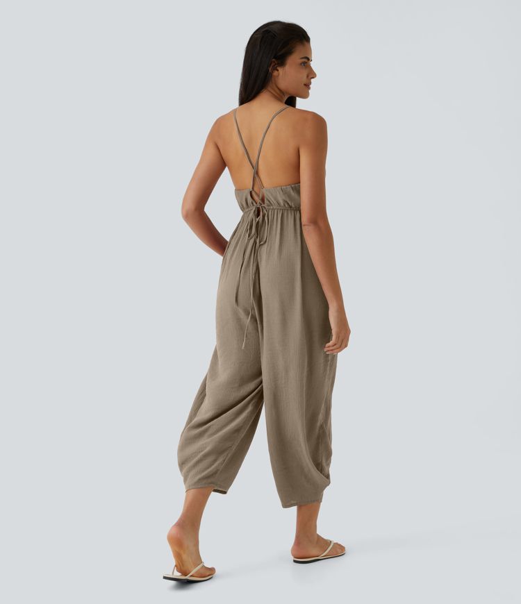 Spaghetti Strap Backless Lace Up Plicated Side Pocket Resort Jumpsuit