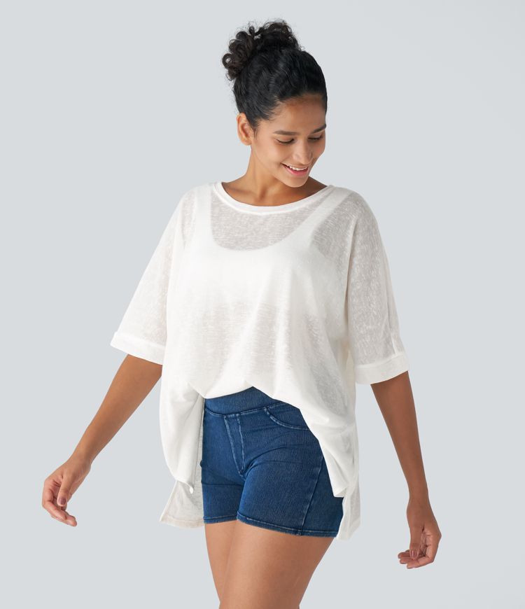 Asymmetric Split Hem Sheer Oversize Casual Top
