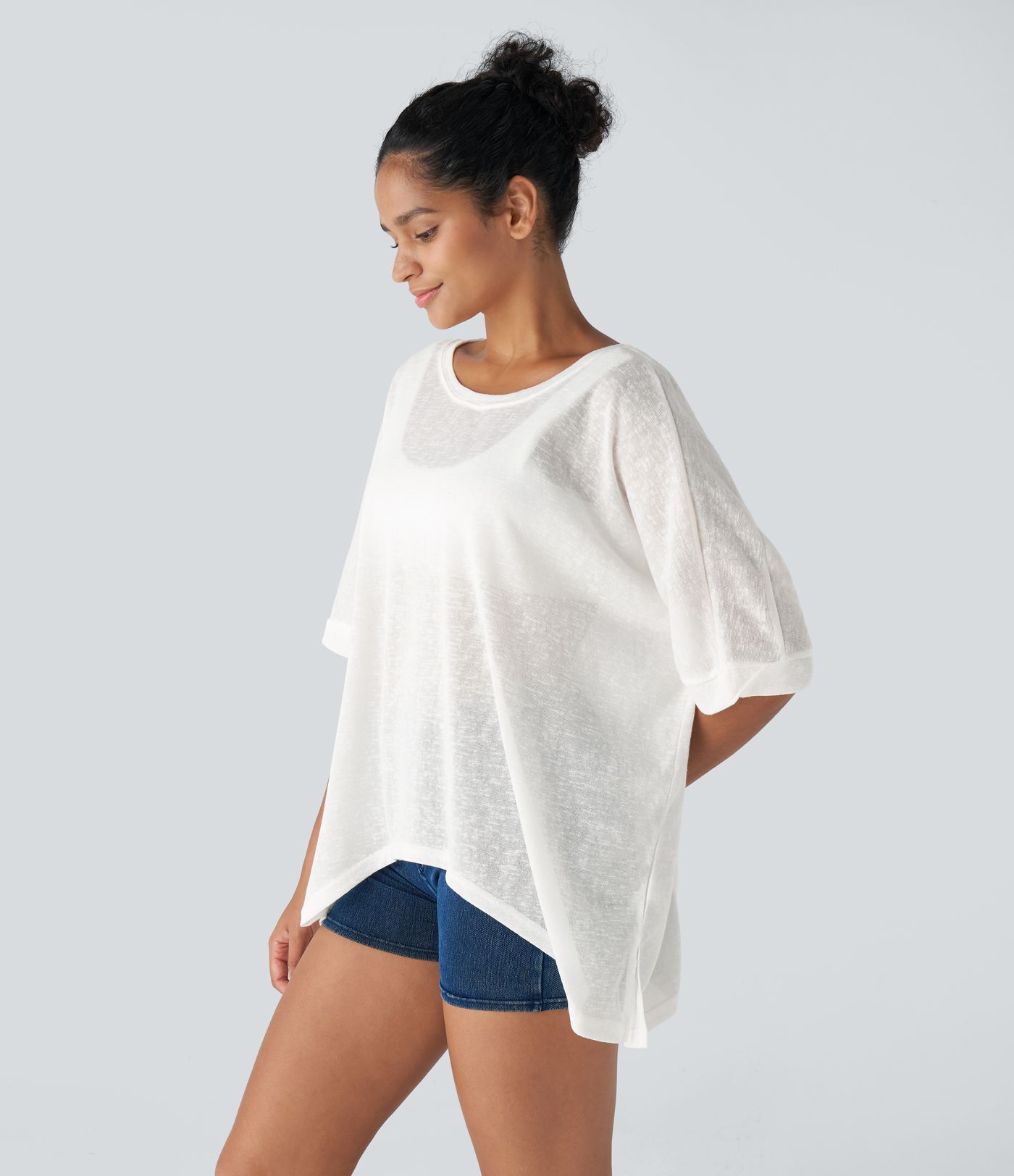 Asymmetric Split Hem Sheer Oversized Casual Tops