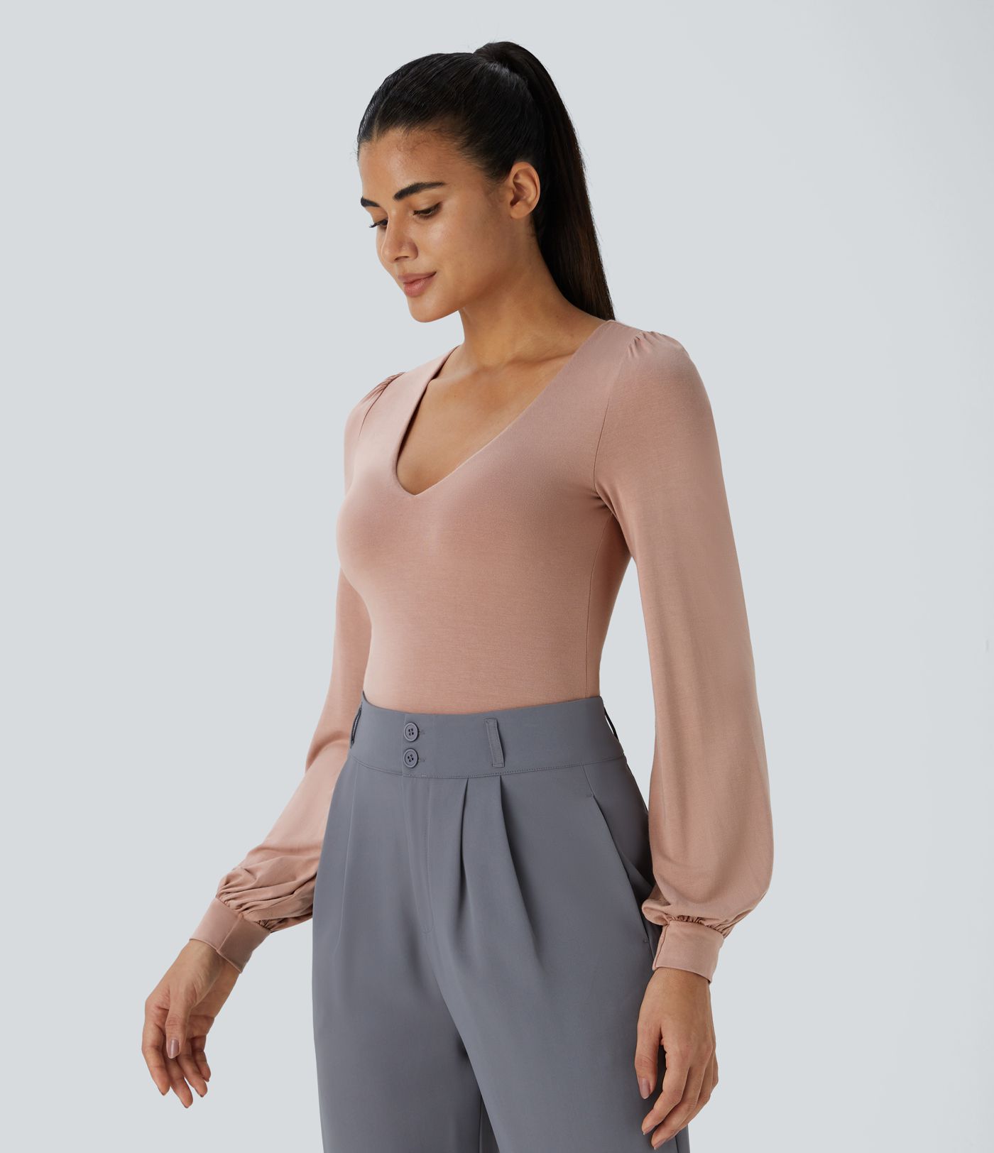 V-neck long-sleeve button work bodysuit