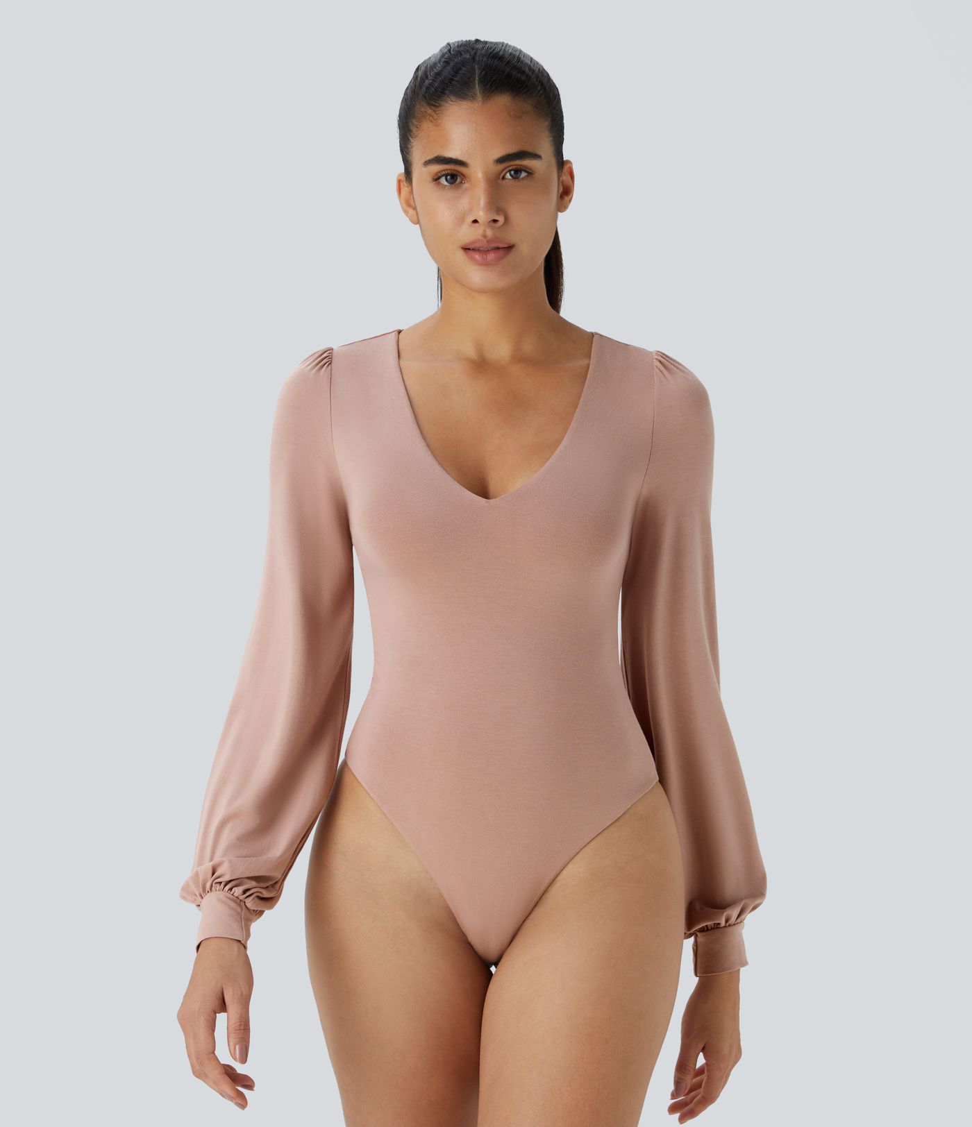 V-neck long-sleeve button work bodysuit