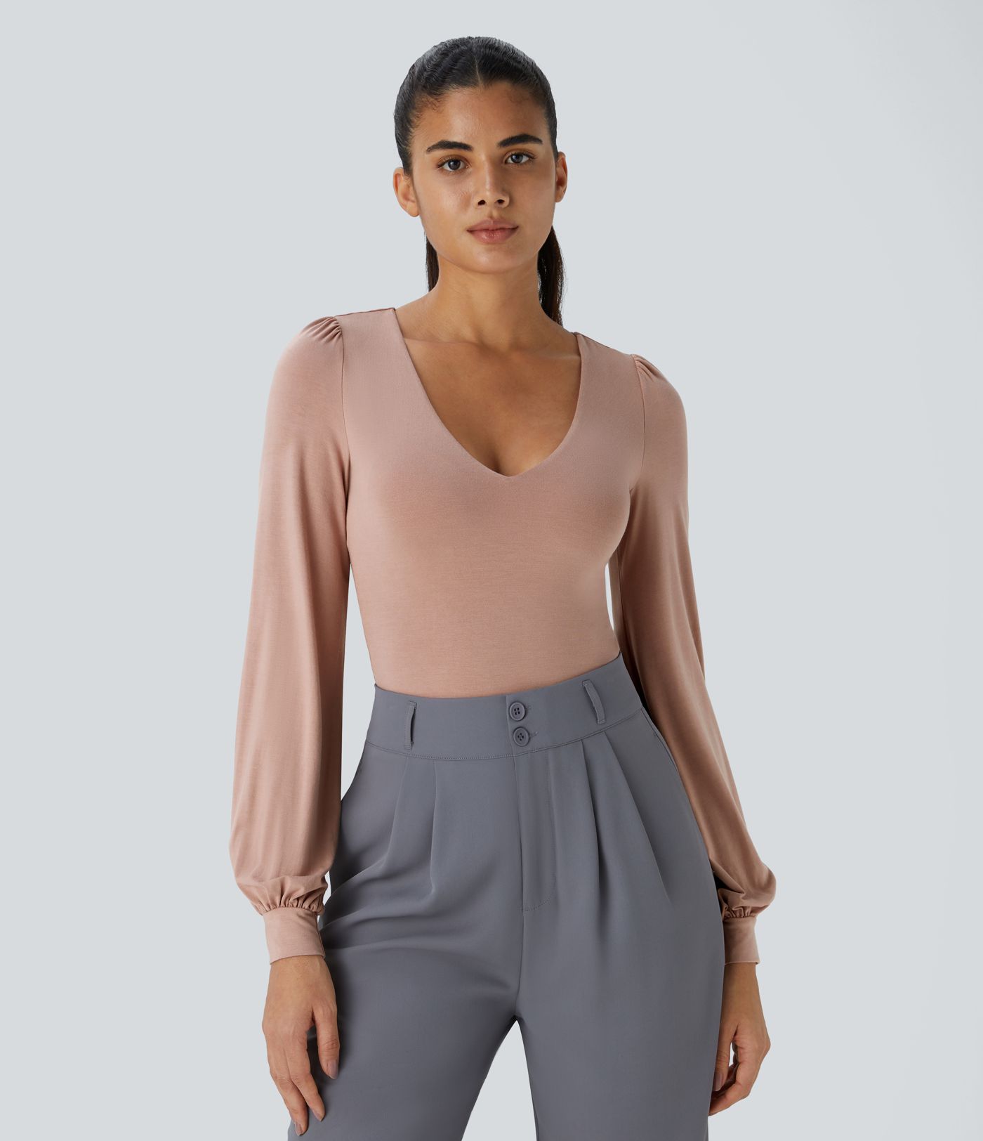 V-neck long-sleeve button work bodysuit