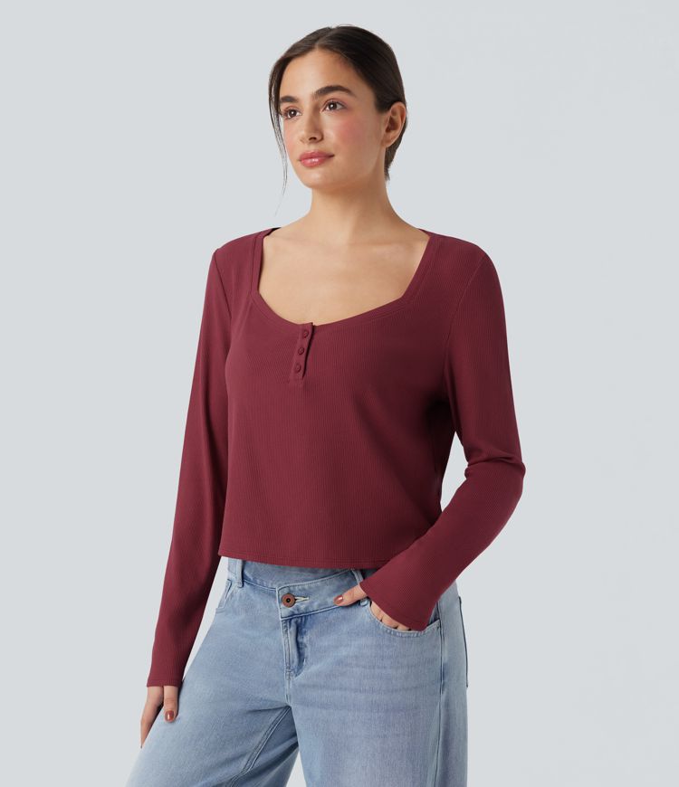 Ribbed Knit Henley Neck Long Sleeve Casual Top