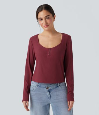 Ribbed Knit Henley Neck Long Sleeve Casual Top Ribbed Knit Henley Neck Long Sleeve Casual Top