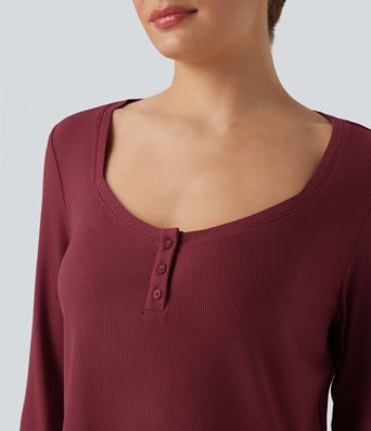 Ribbed Knit Henley Neck Long Sleeve Casual Top Ribbed Knit Henley Neck Long Sleeve Casual Top