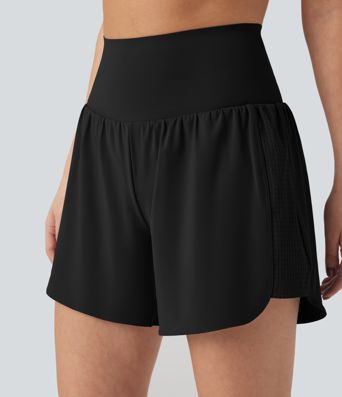 SoCinched Super short de yoga 2-en-1 taille haute galbant le ventre, mesh contrasté, 5'' avec poches