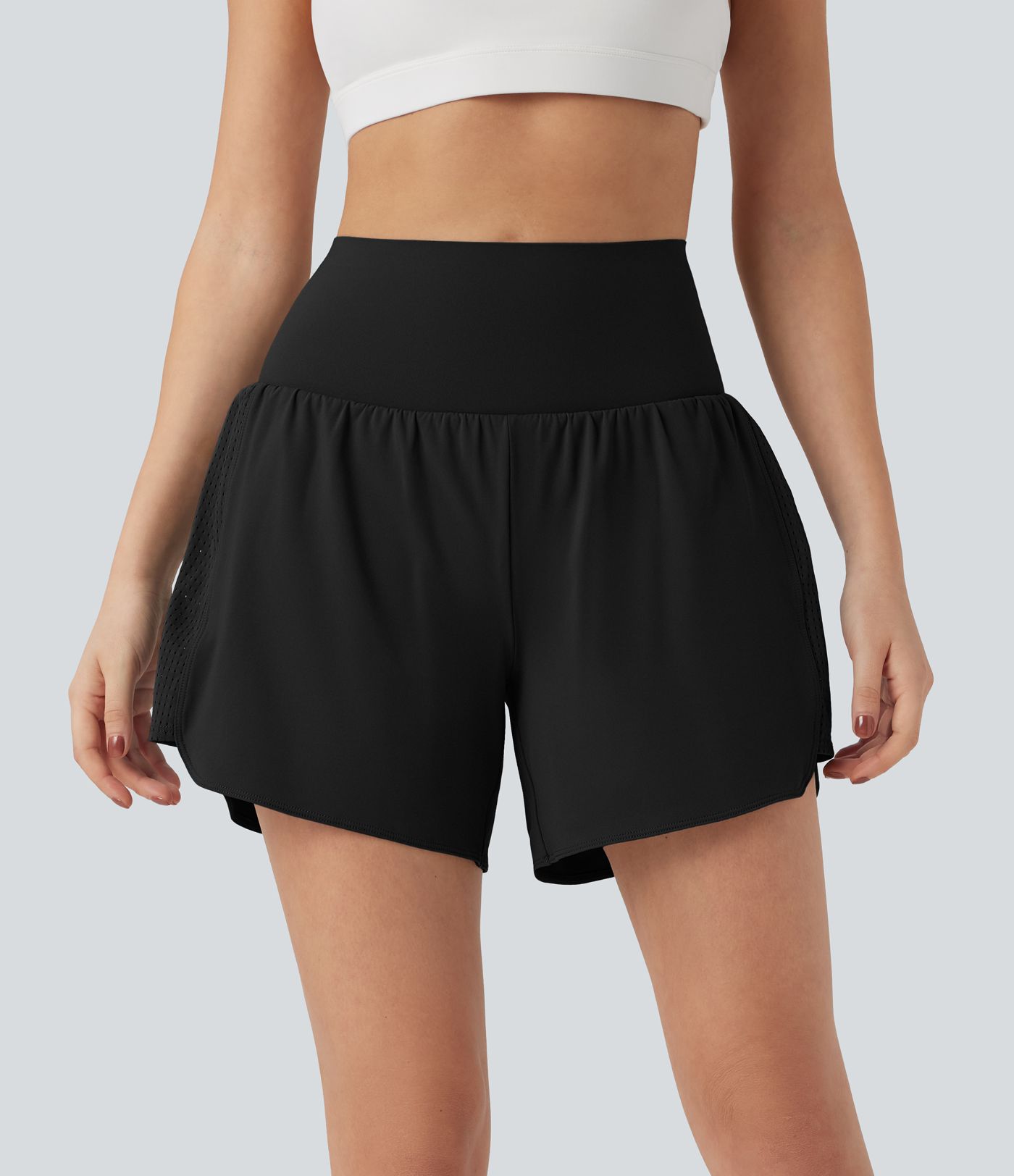 SoCinched Super short de yoga 2-en-1 taille haute galbant le ventre, mesh contrasté, 5'' avec poches