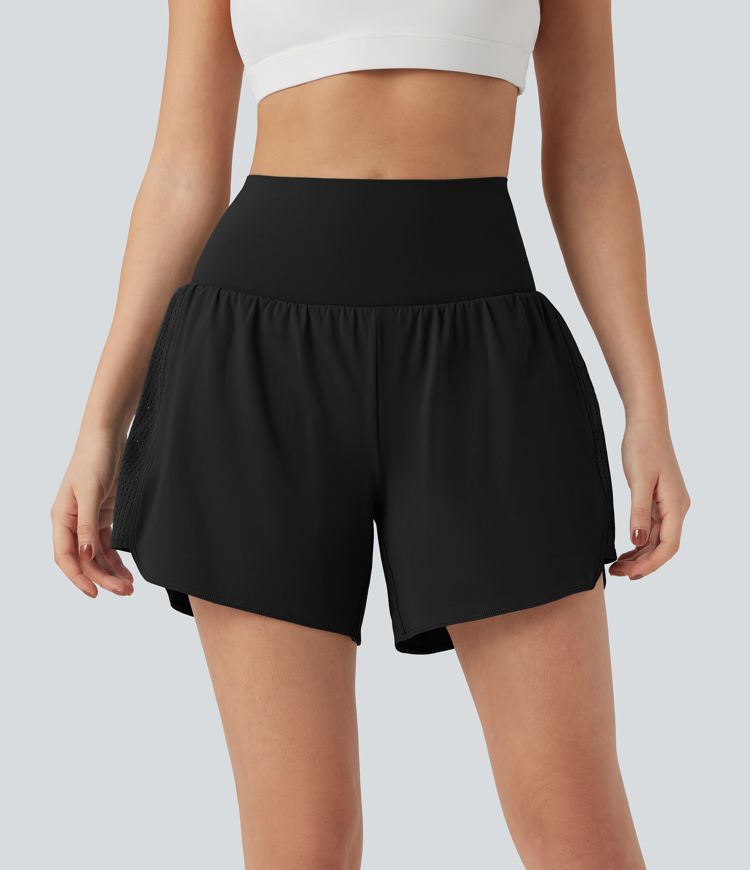 SoCinched Super High Waisted Tummy Control Contrast Mesh 2-in-1 Yoga Shorts 5'' with Pockets