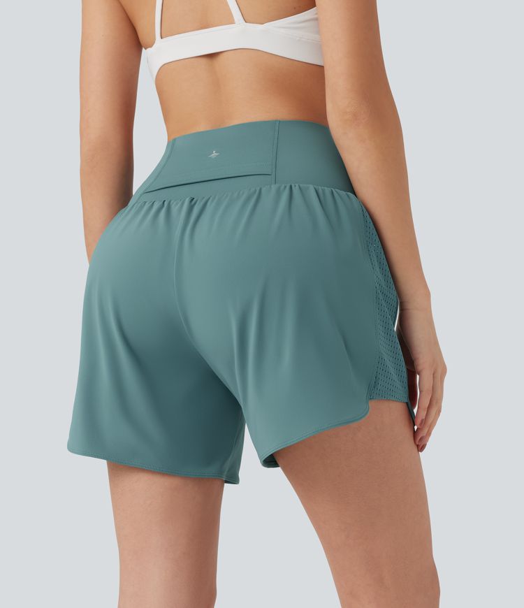 SoCinched Super High Waisted Tummy Control Contrast Mesh 2-in-1 Yoga Shorts 5'' with Pockets