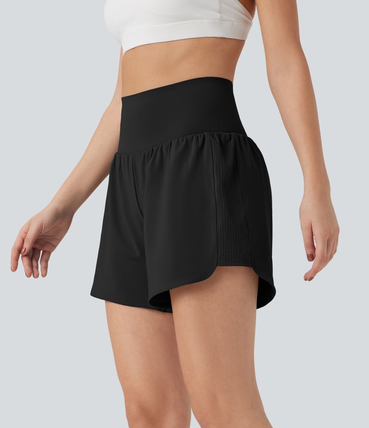 SoCinched Super High Waisted Tummy Control Contrast Mesh 2-in-1 Yoga Shorts 5'' with Pockets
