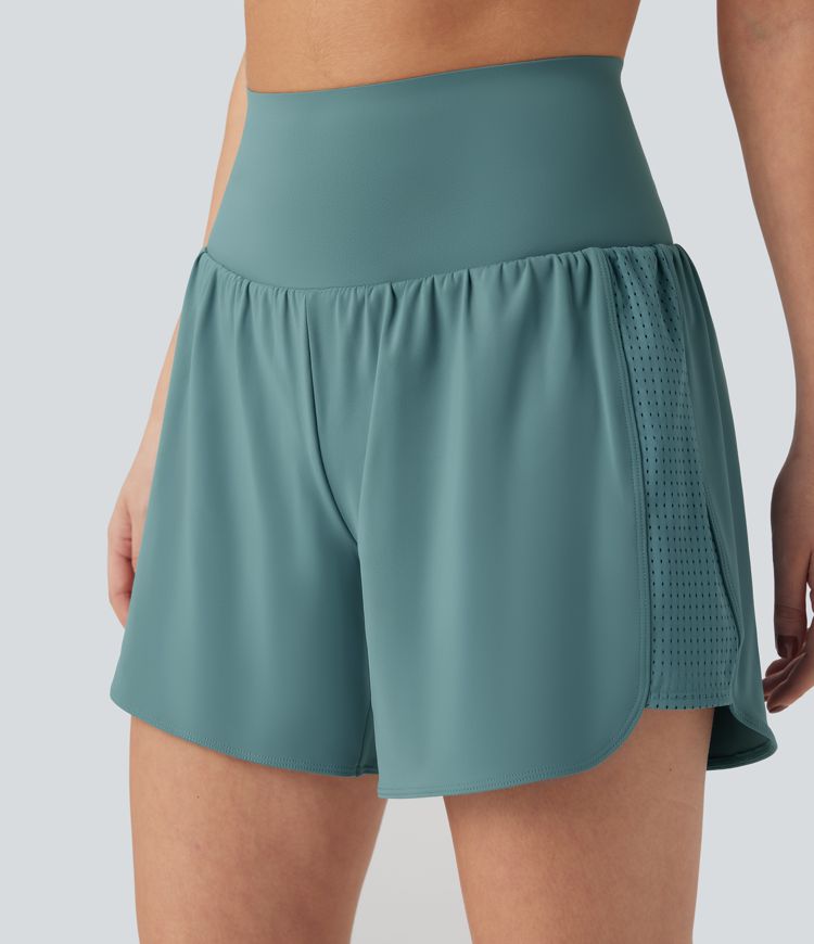 Super High Waisted Tummy Control Contrast Mesh 2-in-1 Yoga Shorts 5'' with Pockets