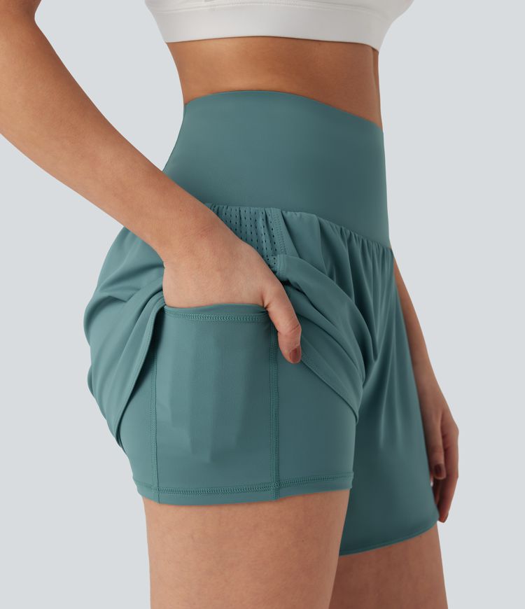 Super High Waisted Tummy Control Contrast Mesh 2-in-1 Yoga Shorts 5'' with Pockets
