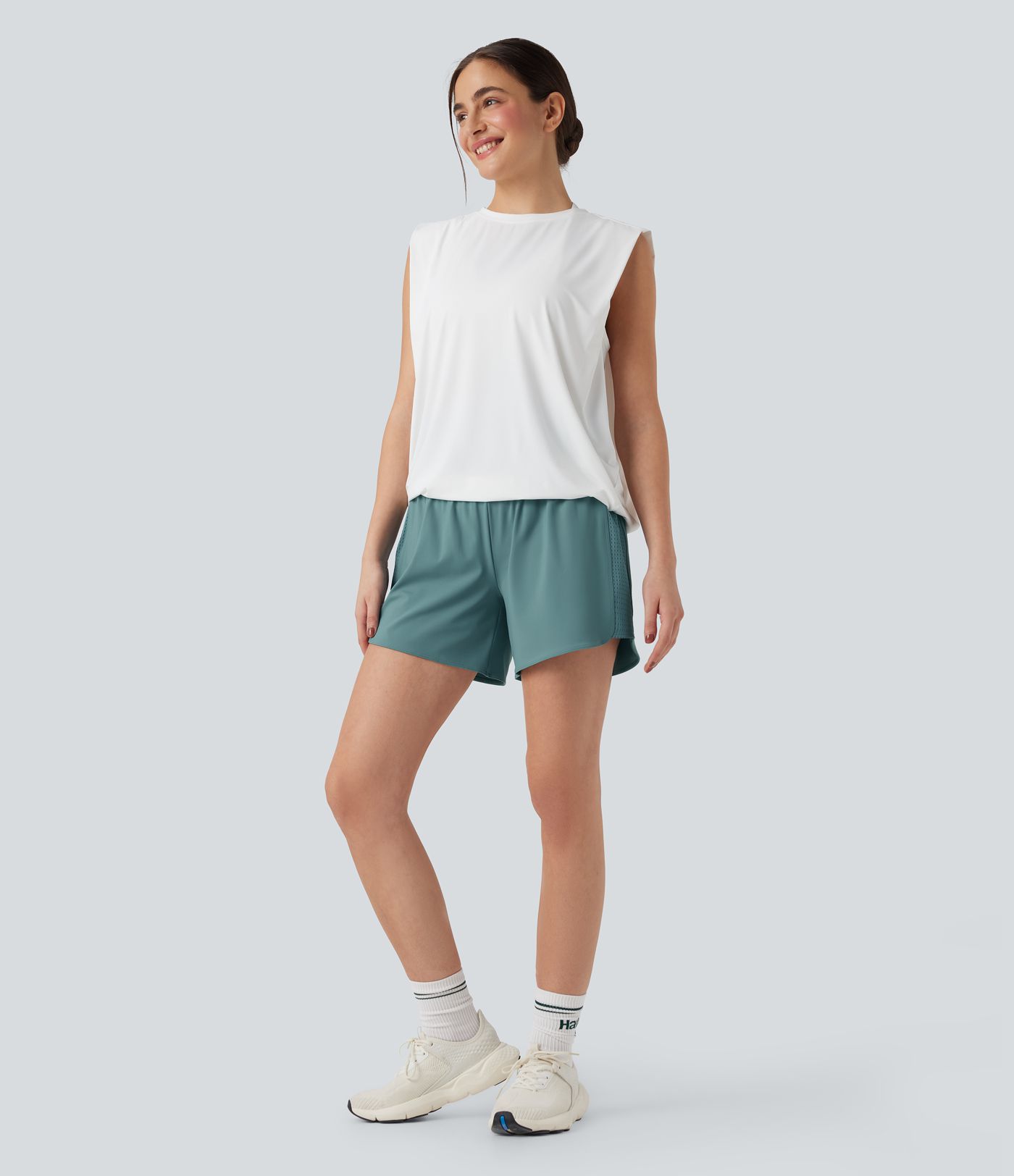 Super High Waisted Tummy Control Contrast Mesh 2-in-1 Yoga Shorts 5'' with Pockets